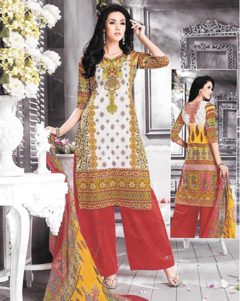 Yellow Printed Multi Color Cambric Cotton Suit