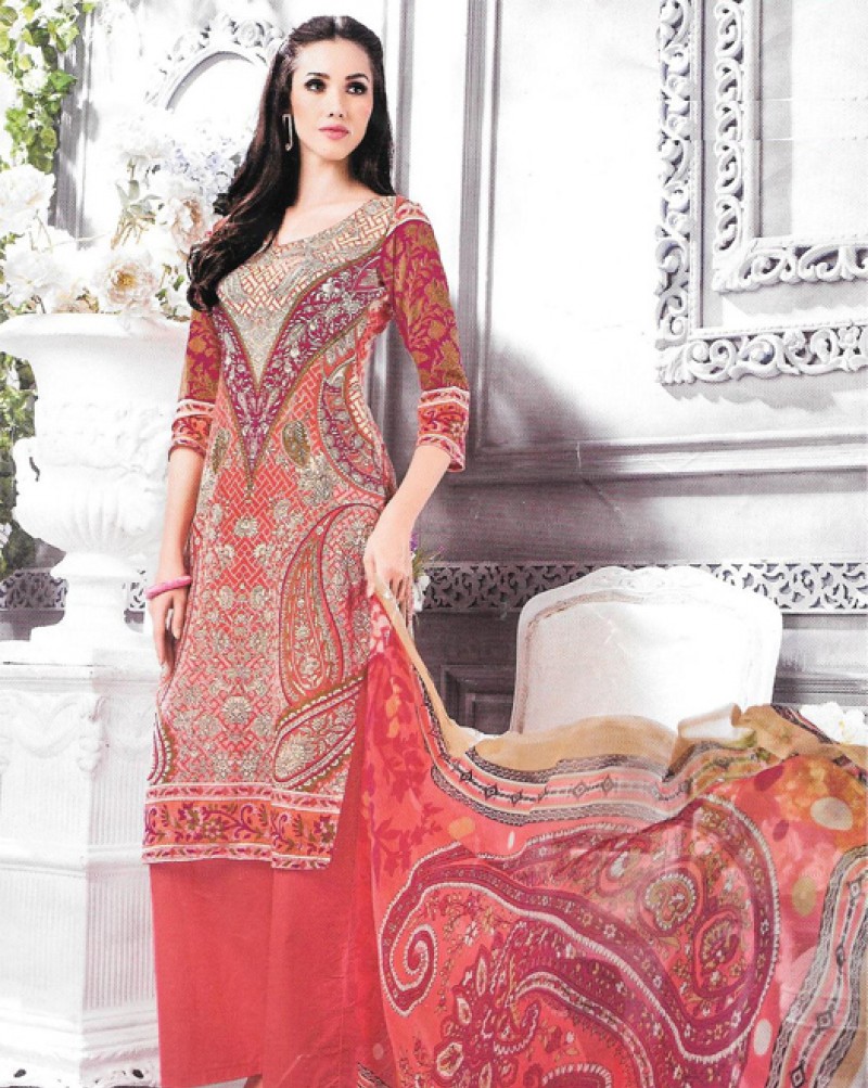 Red Printed Multi Color Cambric Cotton Suit