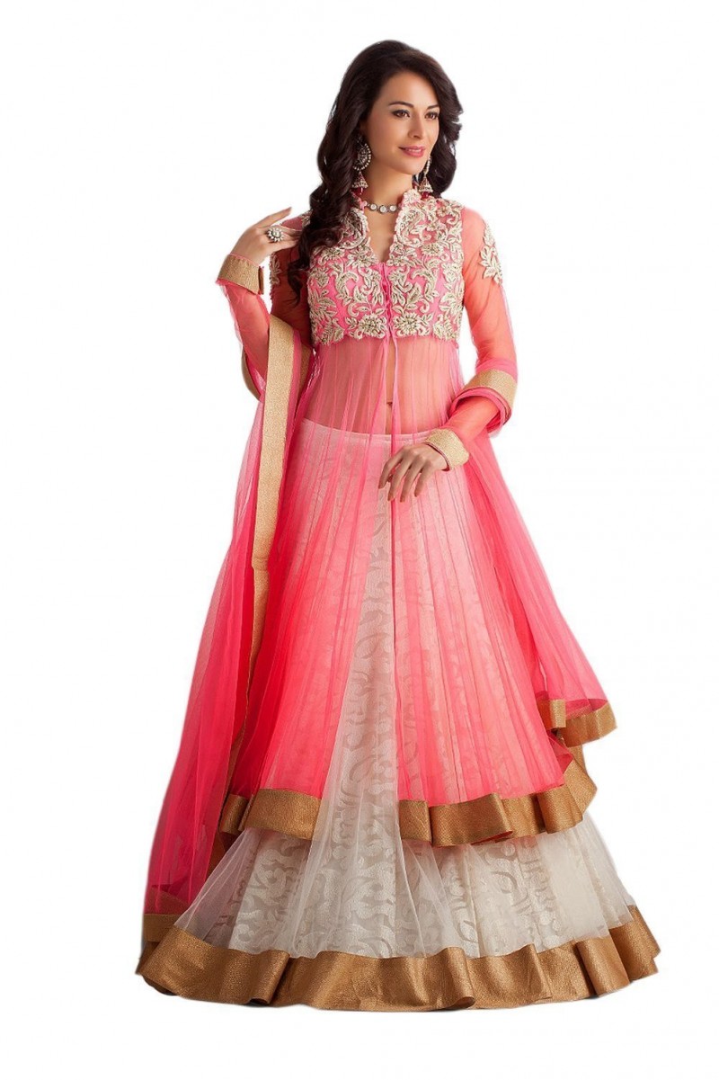 Pink & White net Anarkali suit