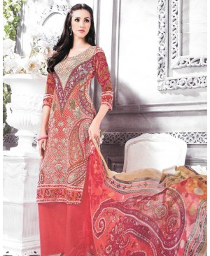 Red Printed Multi Color Cambric Cotton Suit