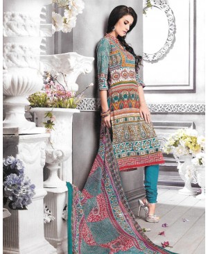 Printed Turquoise Blue Cambric Cotton Suit