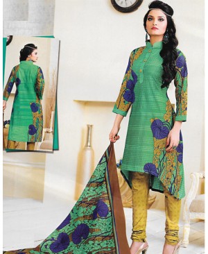 Green & Mustard Printed Cotton Suit