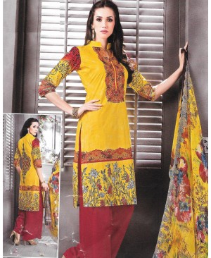 Yellow & Red Printed Cambric Cotton Suit