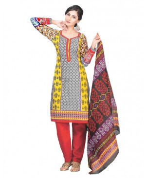 Yellow & Red Printed Cotton Suit