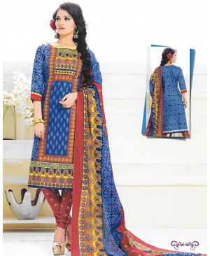 Blue& Red Printed Cotton Suit