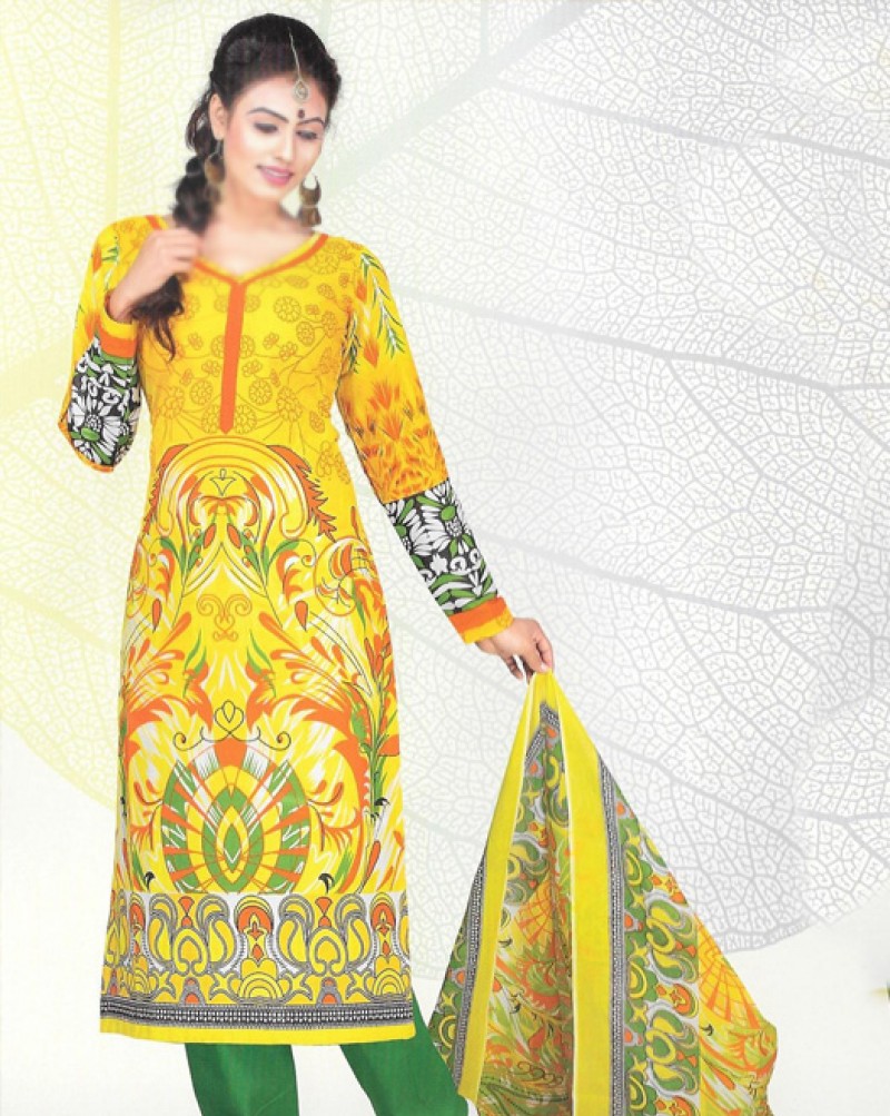 Yellow & Green Printed Cotton Suit