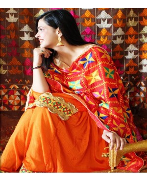 Orange salwar suit with phulkari red dupatta