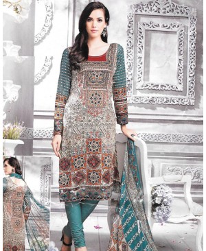 Turquoise Multi Color Printed Cambric Cotton Suit